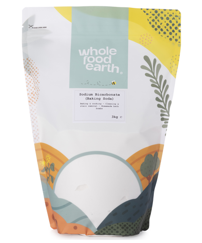 3kg package of Whole Food Earth sodium bicarbonate baking soda, a mineral salt used for baking and cleaning.
