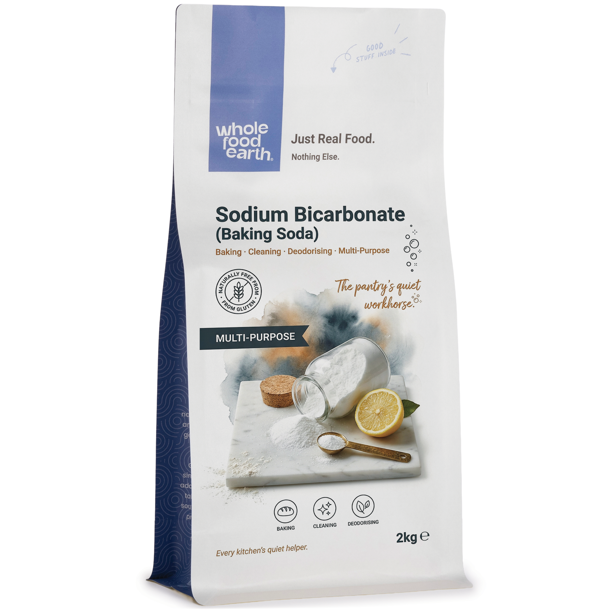 Two 2kg packages of Whole Food Earth sodium bicarbonate, a mineral salt, shown in a 3D product image.