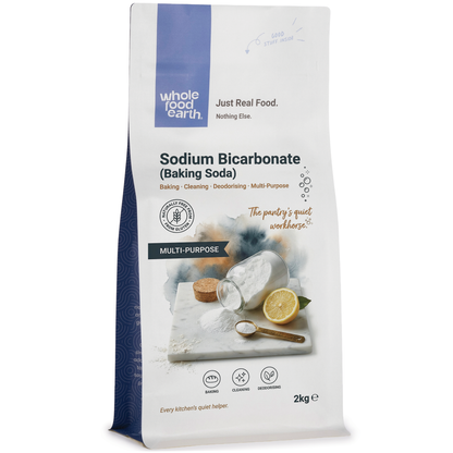 Two 2kg packages of Whole Food Earth sodium bicarbonate, a mineral salt, shown in a 3D product image.