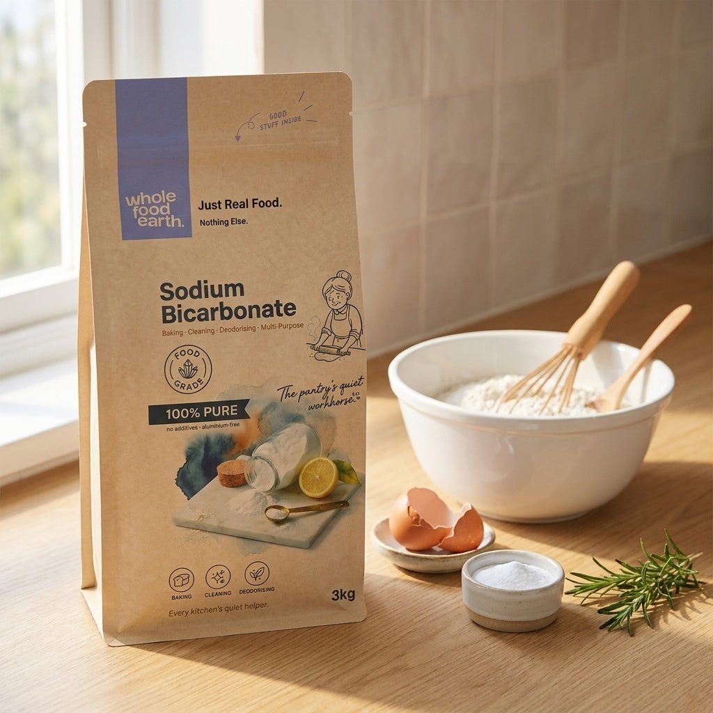 Three 3kg bags of Whole Food Earth sodium bicarbonate, natural mineral baking soda for household and culinary use