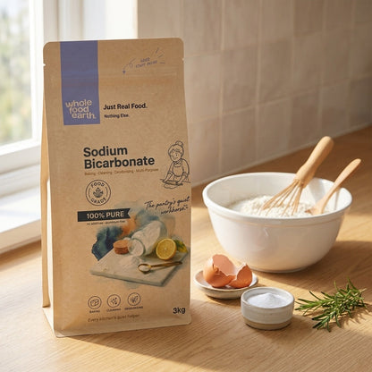 Three 3kg bags of Whole Food Earth sodium bicarbonate, natural mineral baking soda for household and culinary use
