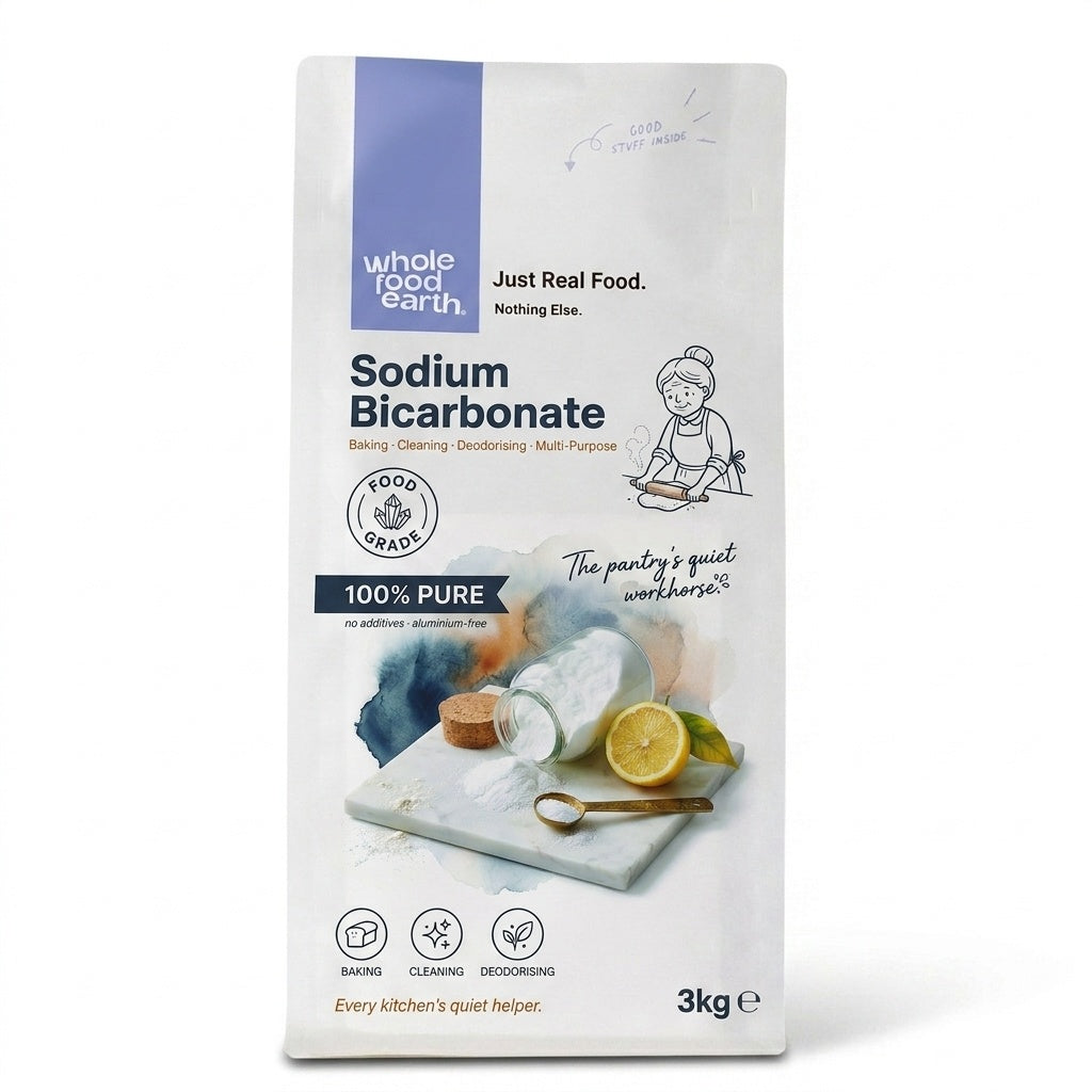 Whole Food Earth sodium bicarbonate baking soda in a 3kg pouch, mineral salt used for baking and cleaning.
