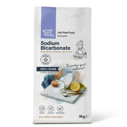 Whole Food Earth sodium bicarbonate baking soda in a 3kg pouch, mineral salt used for baking and cleaning.