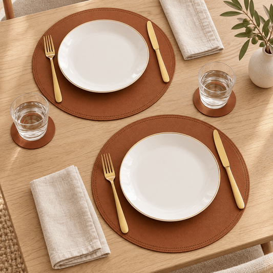 KitchBoom SophistiMat brown placemat and coaster set, durable woven placemats with matching coasters for table protection and style