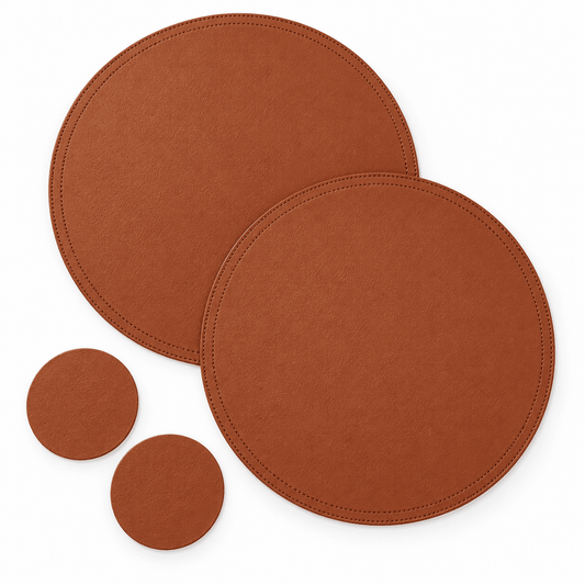 Set of two brown SophistiMat placemats and coasters by KitchBoom, showcasing a stylish, heat-resistant table protection set.