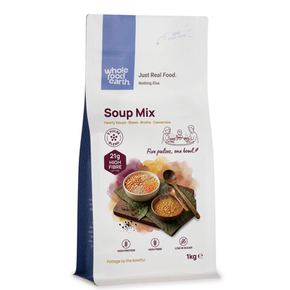 Whole Food Earth soup mix with lentils, peas, and barley in a 1kg bag, showcasing colorful beans and pulses.