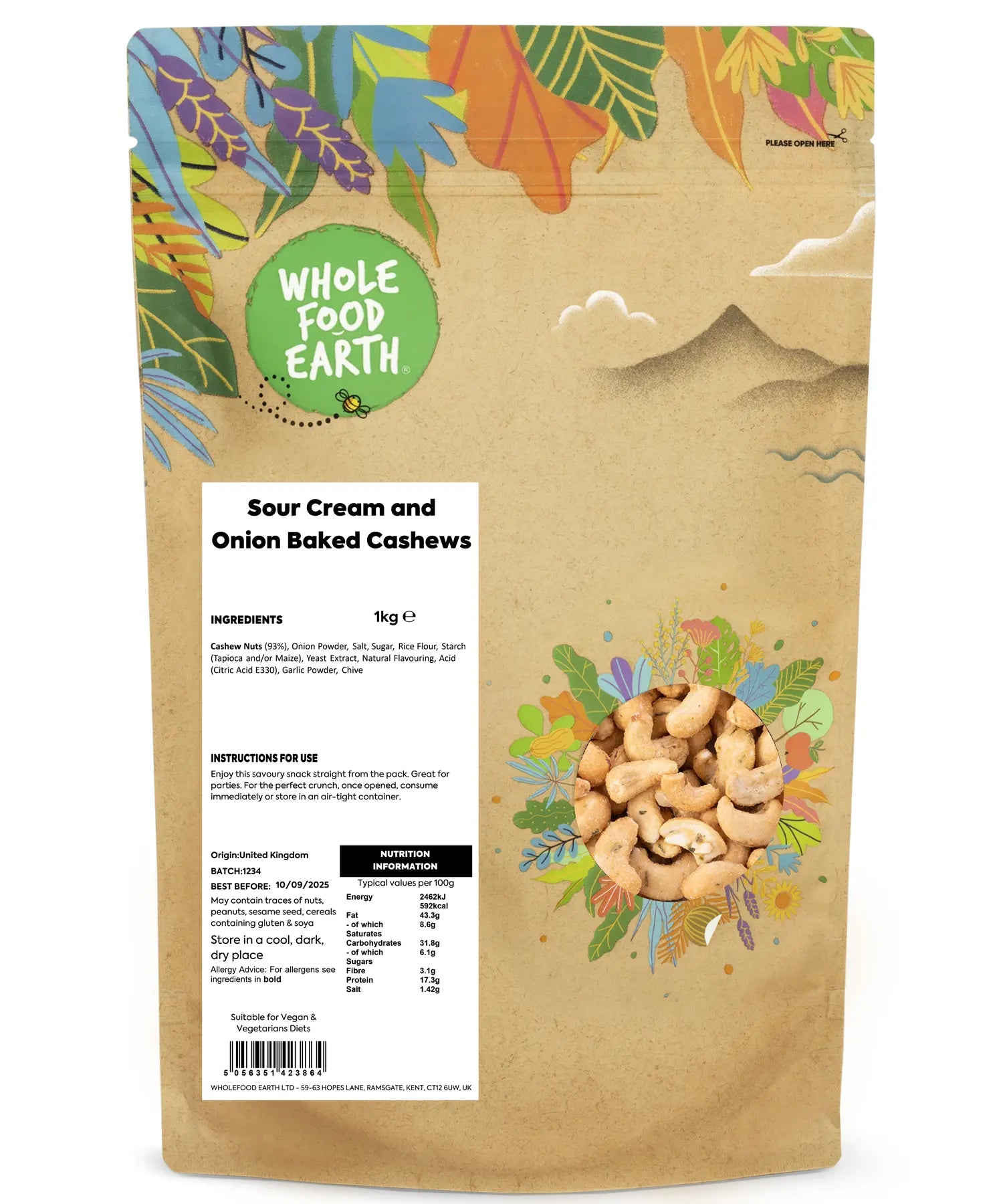 Bowl of Whole Food Earth sour cream and onion baked cashews, 1kg, showing crispy coated nuts with savory sour cream and onion flavor.