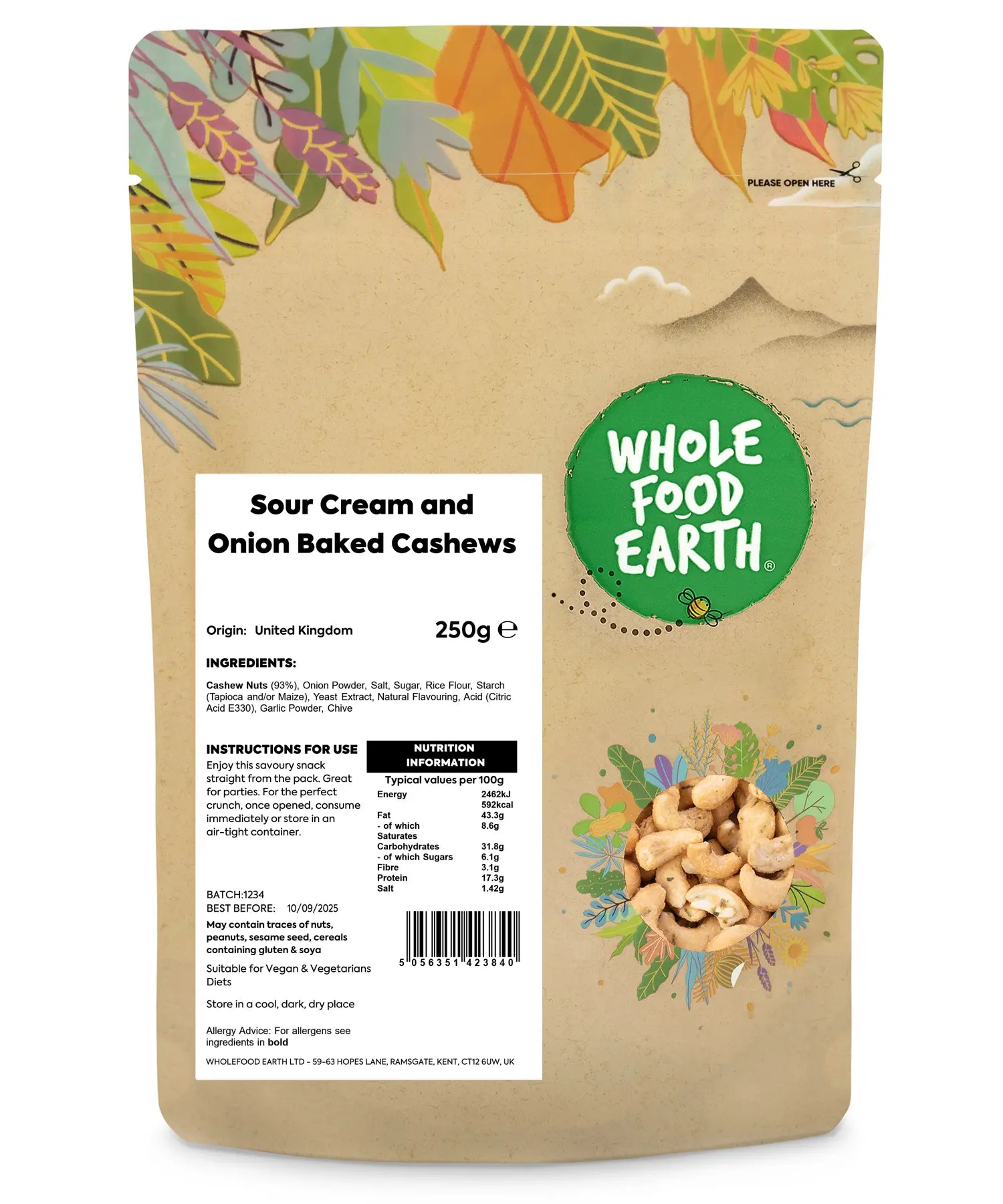 Bowl of Whole Food Earth Sour Cream and Onion Baked Cashews, savory nuts with creamy onion flavor in 250g package.