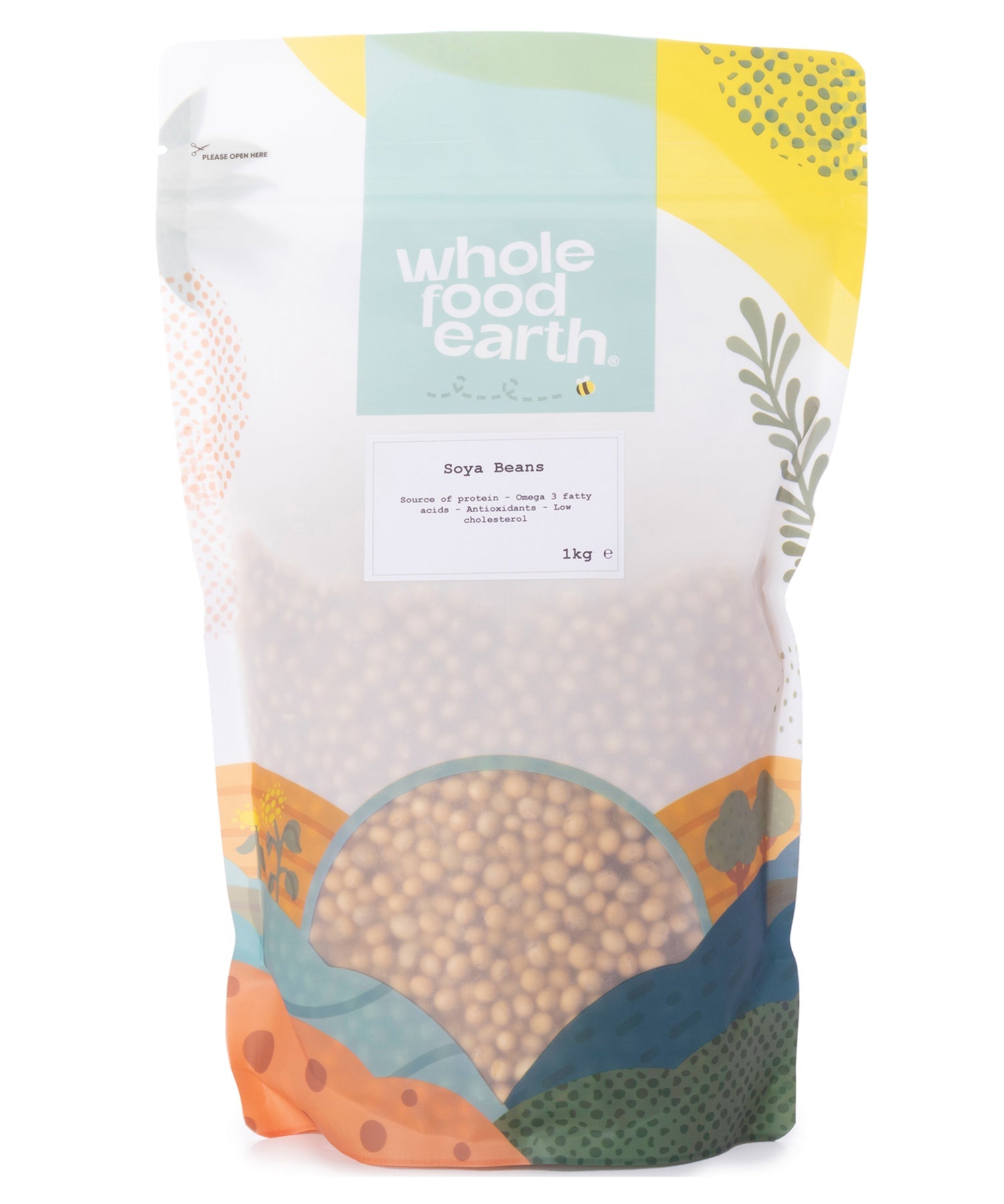 Whole Food Earth soybeans, 1kg package of fresh soy beans in a clear bag, ready for cooking or baking.