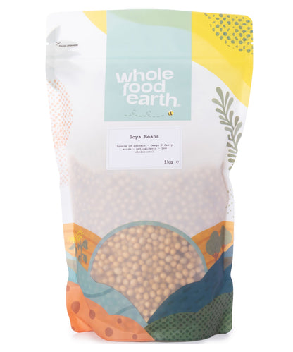 Whole Food Earth soybeans, 1kg package of fresh soy beans in a clear bag, ready for cooking or baking.