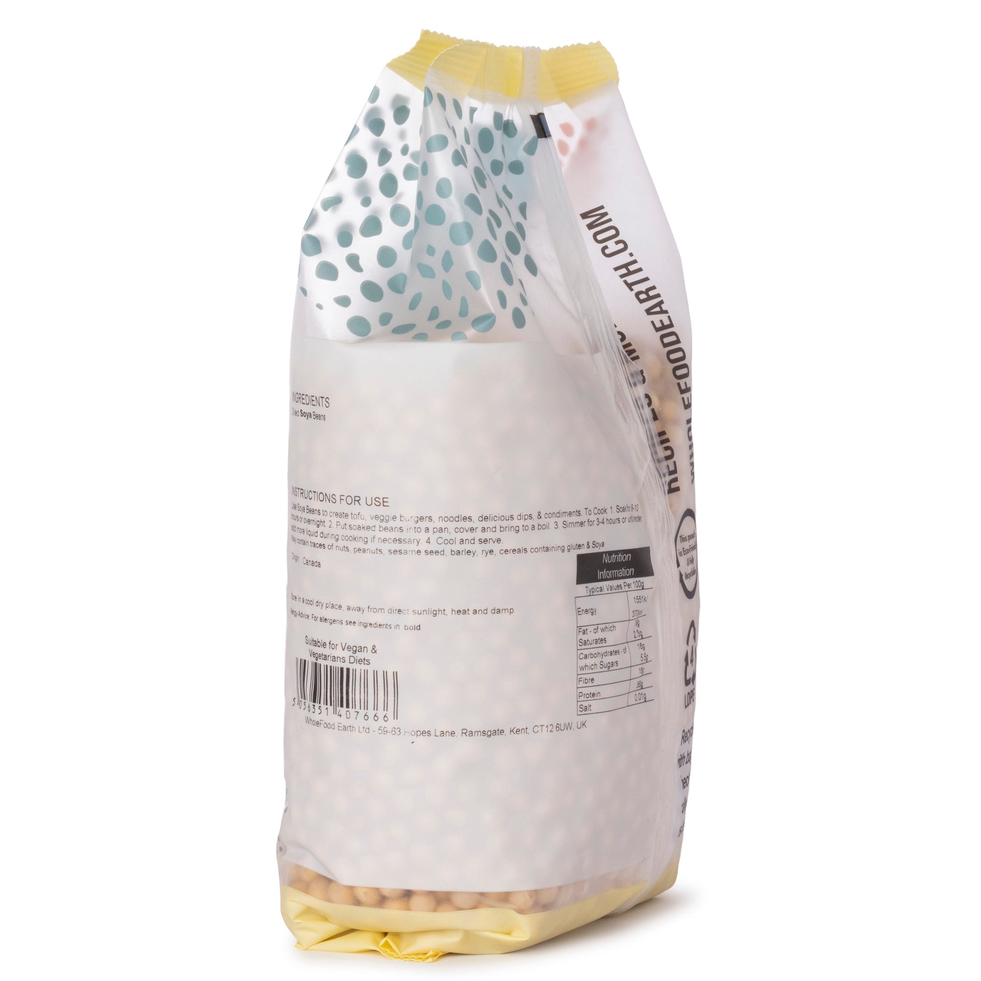 Whole Food Earth soybeans in a 500g package, showing fresh, plump soy beans suitable for cooking or health recipes.