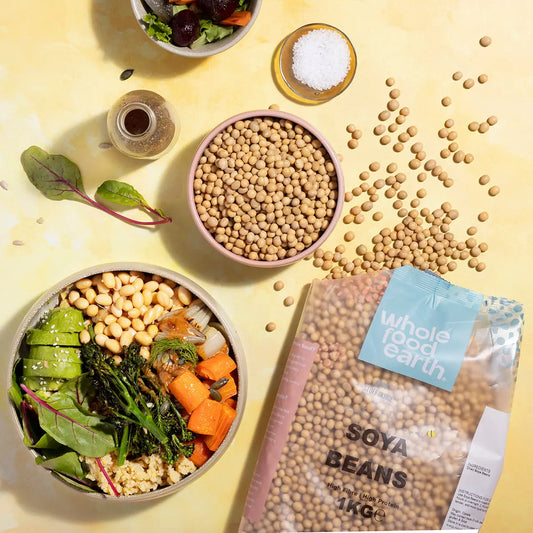 Whole Food Earth soya beans in a bowl, showing fresh, raw soybeans, part of the beans and pulses category.