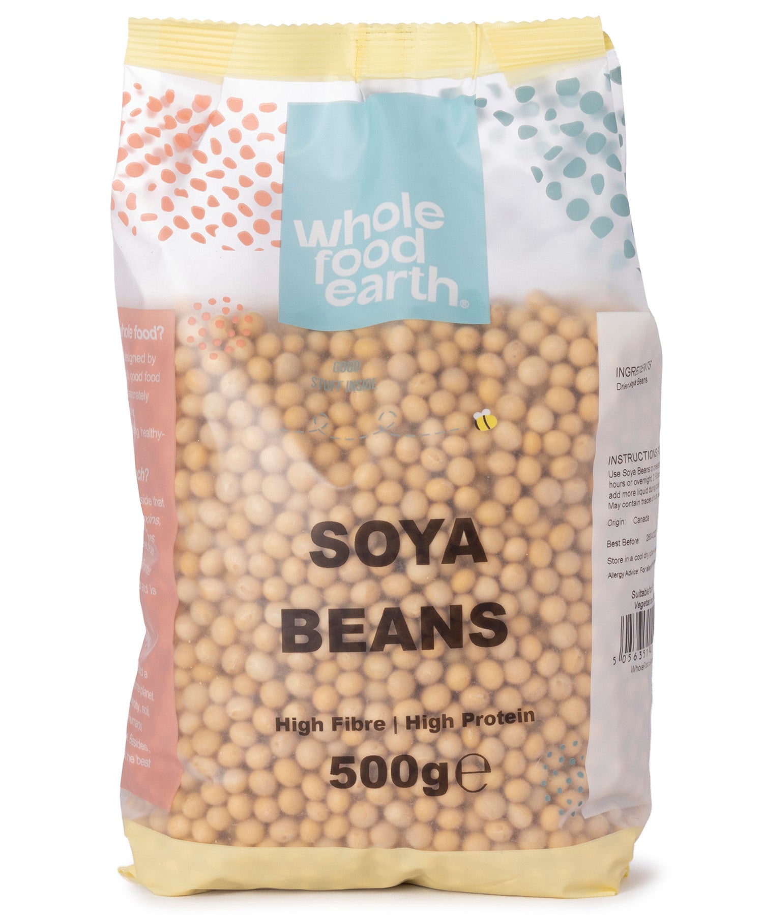 Whole Food Earth soy beans in a 500g package, showing fresh, light-colored soy beans ready for cooking or processing.