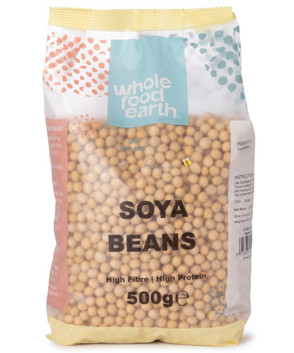 Whole Food Earth soy beans in a 500g package, showing fresh, light-colored soy beans ready for cooking or processing.