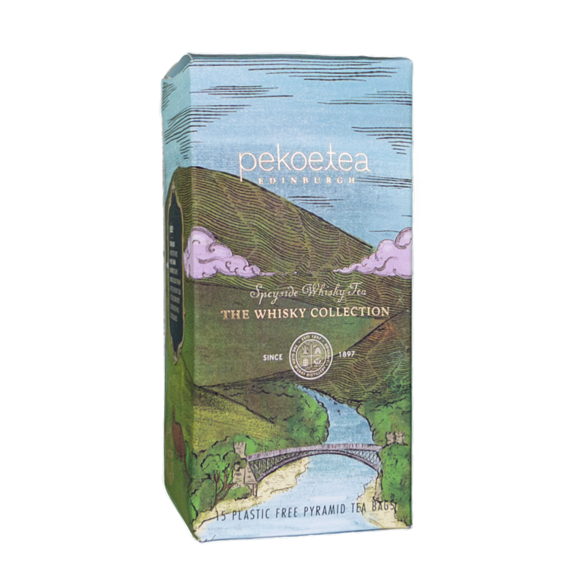 Box of PekoeTea Edinburgh Speyside Blend whisky-infused tea bags with branding and packaging design.