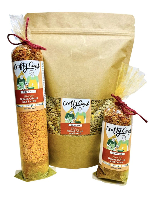 Spiced carrot and lentil soup mix by Crafty Cook, gluten-free and vegan, with visible dried carrots, lentils, and spices in the mix.