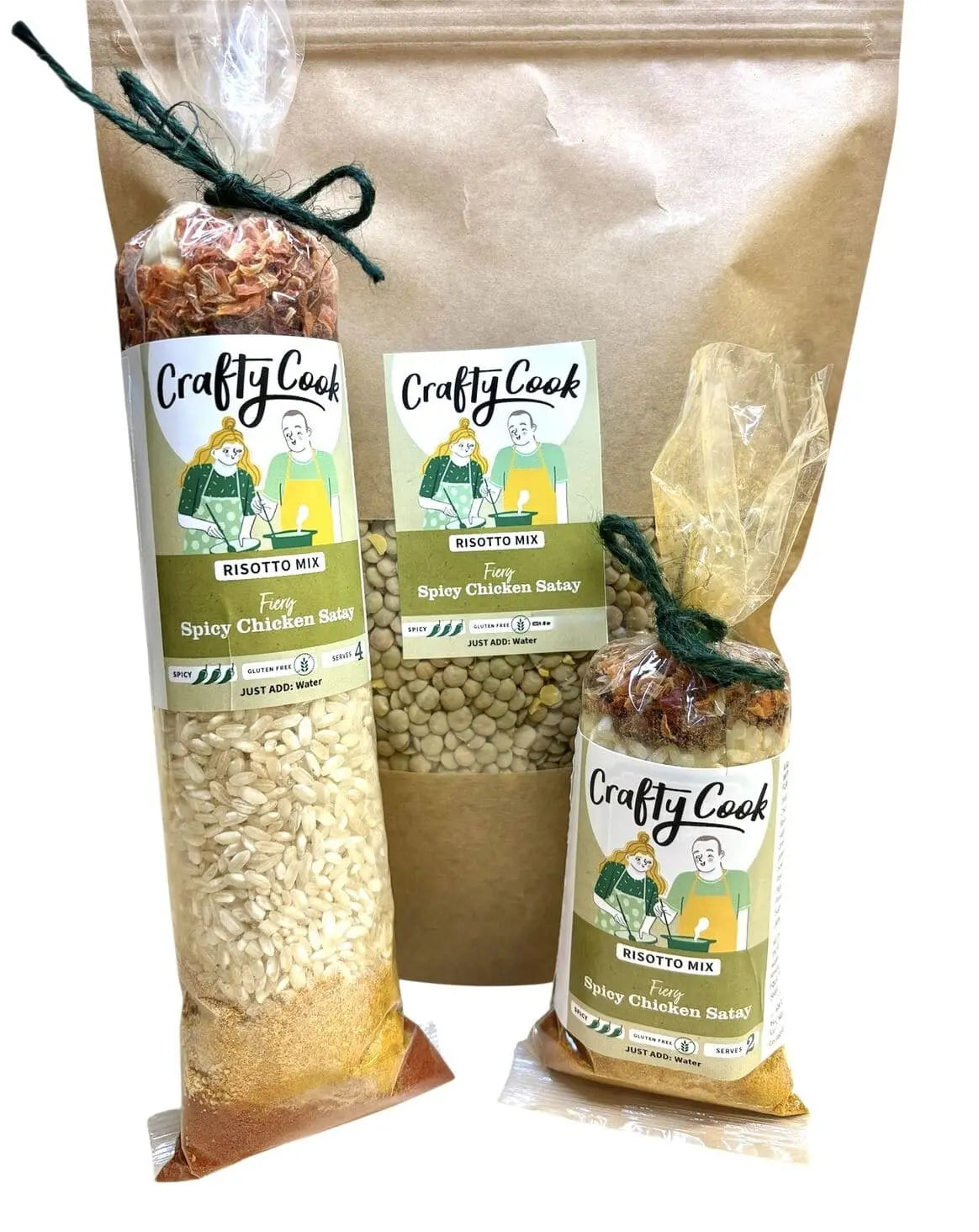 Spicy chicken satay risotto mix by Crafty Cook, gluten-free all-in-one rice and seasoning blend with visible spices and chicken pieces