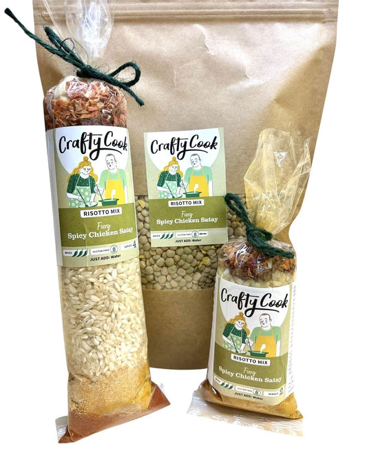 Spicy chicken satay risotto mix from Crafty Cook, gluten-free with creamy rice and flavorful chicken satay seasoning.