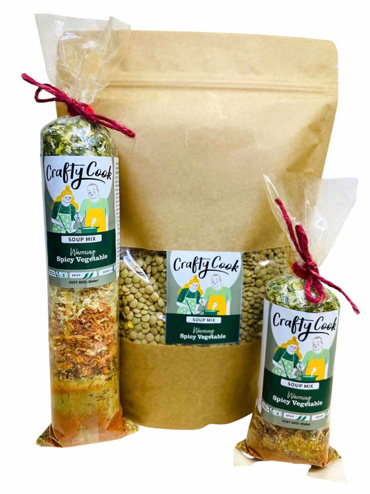 All spicy vegetable soup mix by Crafty Cook, featuring colorful dried vegetables and herbs in a natural, ready-to-cook blend.