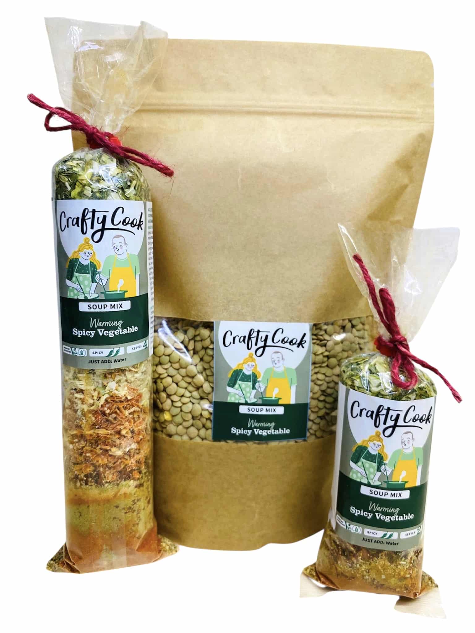 Crafty Cook spicy vegetable soup mix in a bowl with fresh vegetables and herbs, highlighting gluten-free and vegan ingredients.