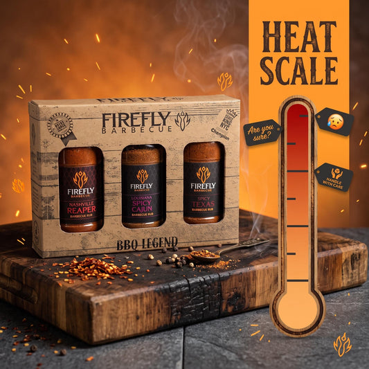 FireFly Barbecue Spicy BBQ Legend gift pack with three flavorful BBQ rubs in a gift box, perfect for grilling enthusiasts.