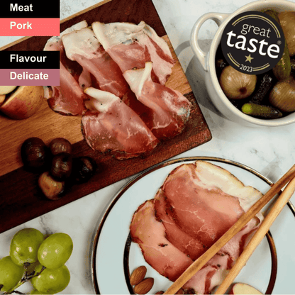 Spicy Bray Cured Classic Lomo charcuterie slices arranged on a wooden board for serving.