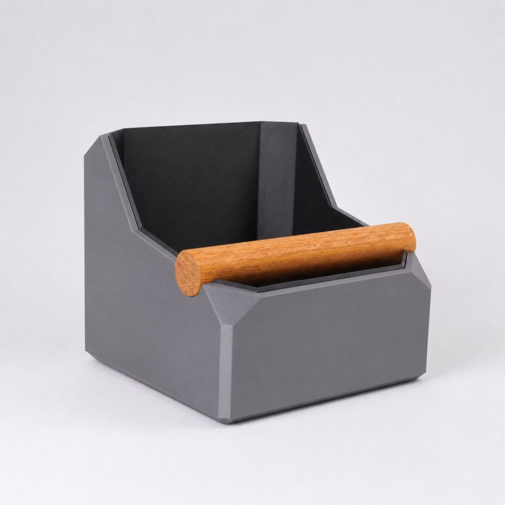Ash grey Square Coffee Knock Box by KNOCDIC® with real oak knock bar for espresso grounds disposal.