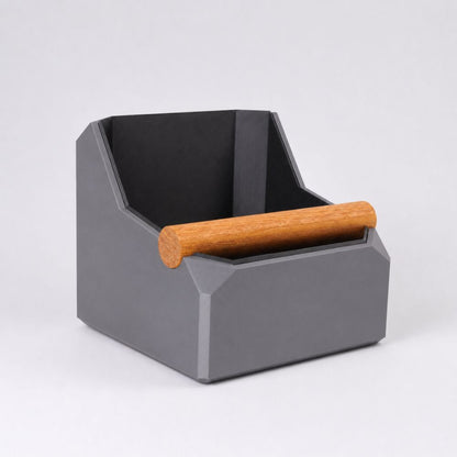 Ash grey Square Coffee Knock Box by KNOCDIC® with real oak knock bar for espresso grounds disposal.