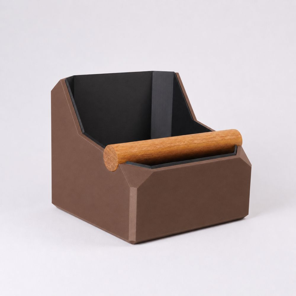KNOCDIC® square coffee knock box in brown with real oak knock bar for espresso shot portafilter cleaning.