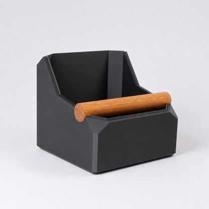 Square charcoal coffee knock box by KNOCDIC® with real oak knock bar for espresso portafilter cleaning.