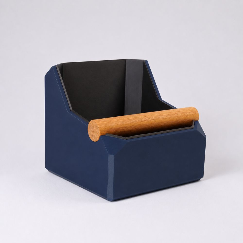 Dark blue KNOCDIC® square coffee knock box with real oak knock bar for espresso grounds disposal.