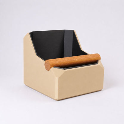Square coffee knock box with desert tan finish and real oak knock bar by KNOCDIC® for espresso machine use.
