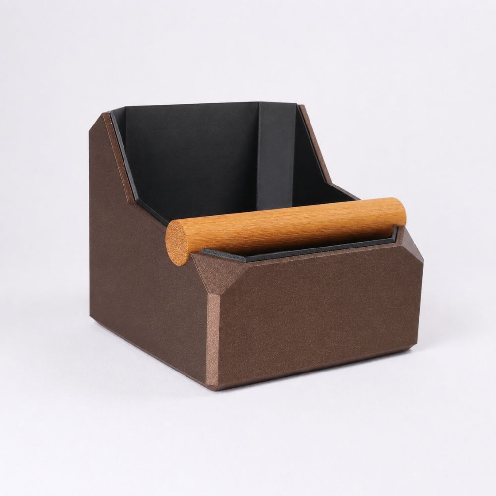 Square coffee knock box with galaxy brown finish and real oak knock bar for espresso shot cleanup by KNOCDIC®.