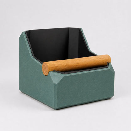 KNOCDIC® square coffee knock box in galaxy green with a real oak knock bar for espresso machine portafilter cleaning.
