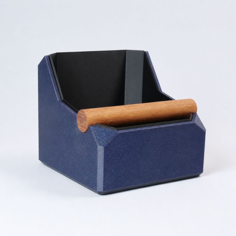 Square coffee knock box with real oak knock bar by KNOCDIC® featuring a galaxy nebulae design on the exterior.