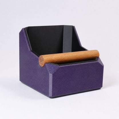 Square coffee knock box with galaxy purple finish and real oak knock bar, ideal for espresso coffee preparation by KNOCDIC®.