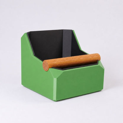Square grass green coffee knock box with real oak knock bar by KNOCDIC® for espresso machine portafilter taming.