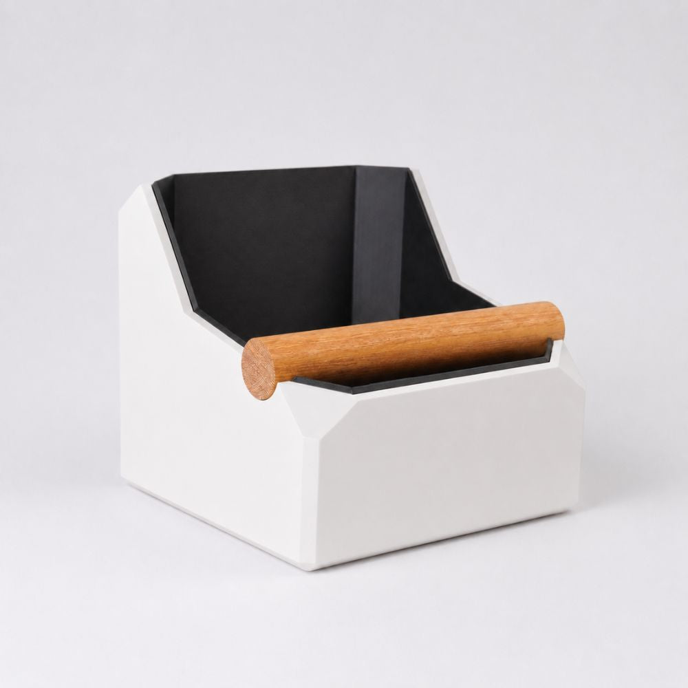 Square ivory white coffee knock box with real oak knock bar by KNOCDIC®, designed for espresso machine portafilter cleanup.