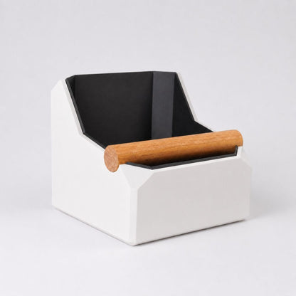 Square ivory white coffee knock box with real oak knock bar by KNOCDIC®, designed for espresso machine portafilter cleanup.