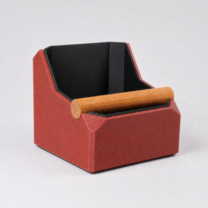 KNOCDIC® square coffee knock box with marble red finish and real oak knock bar for espresso machine use.