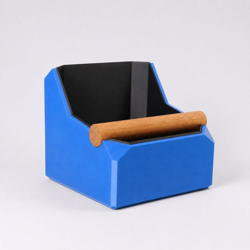 Square marine blue coffee knock box by KNOCDIC® with a real oak knock bar for espresso machine use.