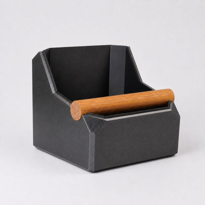 KNOCDIC® square coffee knock box in metallic black with real oak knock bar for espresso machine cleanup.