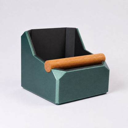 KNOCDIC® square coffee knock box with metallic green finish and real oak knock bar for espresso shot removal.