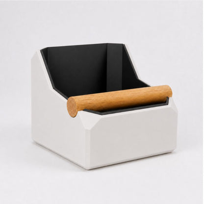 Off-white Square Coffee Knock Box with real oak knock bar by KNOCDIC®, featuring a sturdy square design for espresso prep.