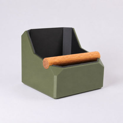 Olive green square coffee knock box with a real oak knock bar and durable metal construction by KNOCDIC®.