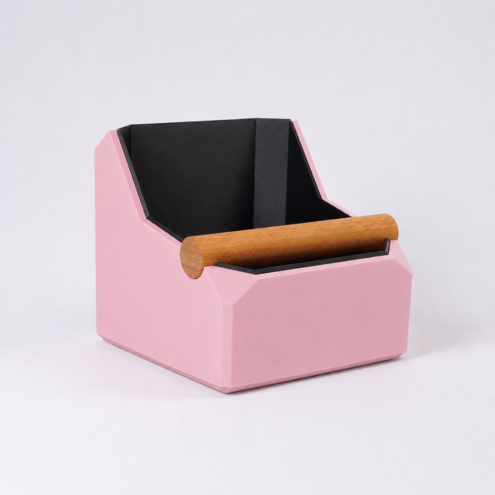 Pink square coffee knock box with real oak knock bar for espresso portafilter tamps, from KNOCDIC®.