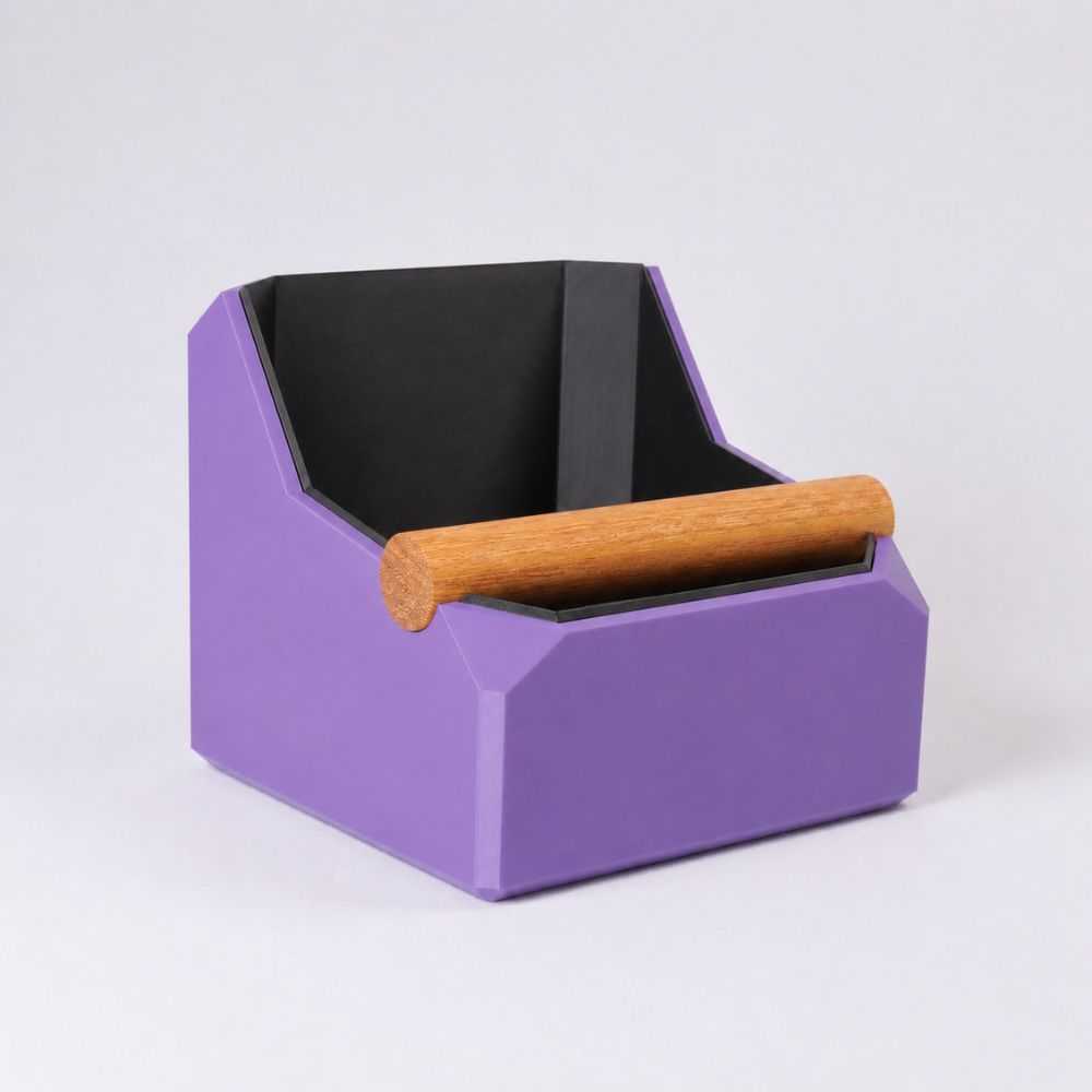 Purple square coffee knock box with real oak knock bar from KNOCDIC® for espresso pucks removal.