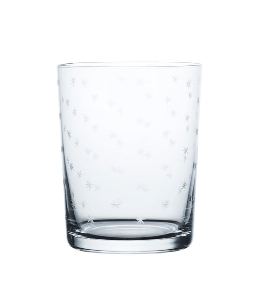 Set of four large crystal tumblers with star design by The Vintage List, featuring clear glass and engraved star patterns.