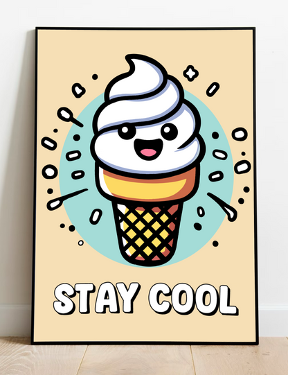 Colorful KEOLIX Stay Cool Ice Cream art print featuring vibrant ice cream illustrations on high-quality print paper.