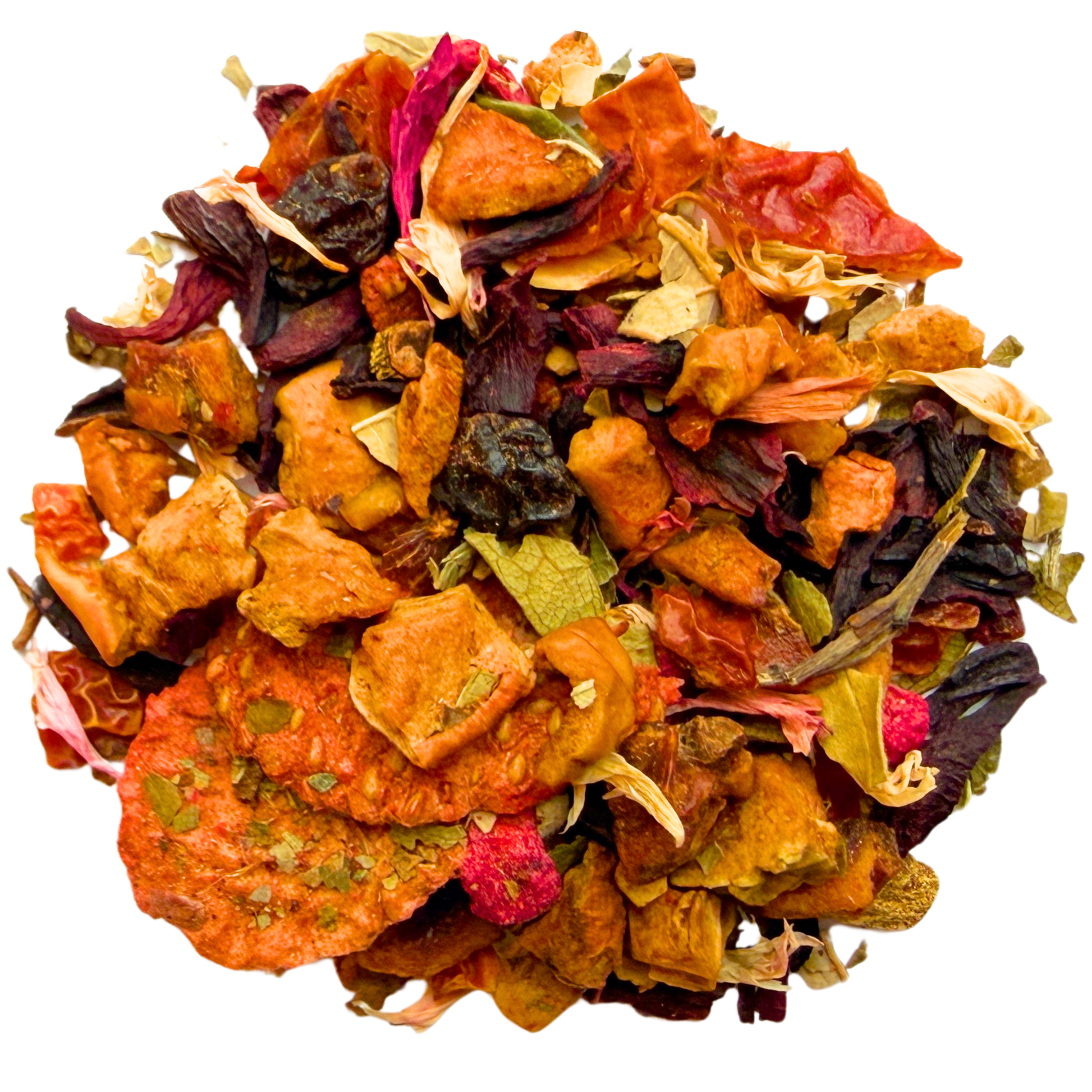 Loose leaf Strawberry Rhubarb herbal tea by Porter Hill Tea Company with vibrant red and green tea leaves and dried fruit pieces.
